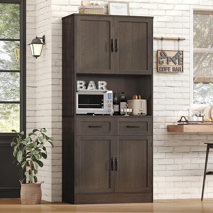 HOSTACK 71“ Tall Kitchen Pantry Storage Cabinet, Modern Kitchen Hutch Bar Cabinet with Microwave Stand, Wood Buffet Sideboard with Hutch, Cupboard with Drawers, Shelves for Dining Room, Dark Brown
