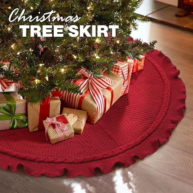 Hommtina Christmas Tree Skirt 48 Inches Red Tree Skirt,Christmas Tree Decorations Faux Fur Tree Skirt for Xmas Holiday Home Party Decorations Ornaments (Wave Red)