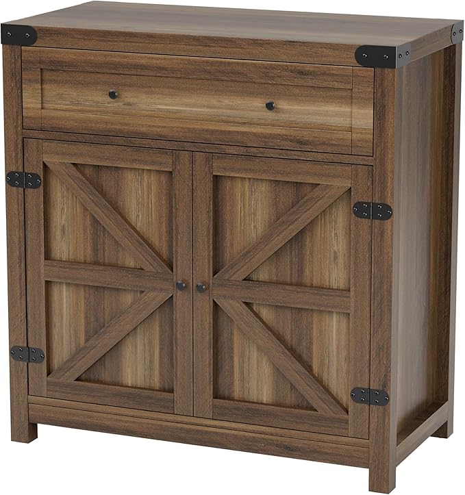 JUMMICO Coffee Bar Cabinet Farmhouse Kitchen Sideboard Buffet Cabinet with Drawer and Adjustable Shelf Barn Door Storage for Kitchen, Dining Room, Bathroom, Entryway (Brown)