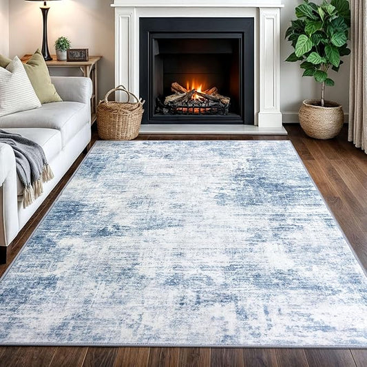 IOHOUZE Abstract Area Rugs 5x7 Ft Washable Rugs for Living Room, Non Slip Dining Room Rug, Printed Faux Wool Rugs for Bedroom, Floor Carpet for Office Nursery Playroom, Light Blue White