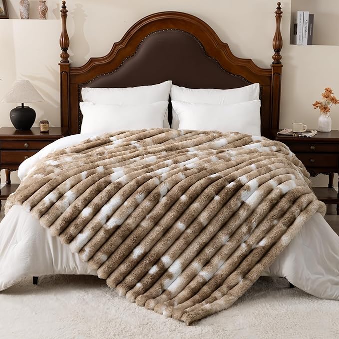 Throw Blanket for Couch - 60" x 80" Faux Rabbit Fur Throw Blanket Cozy Soft Warm Blankets for Bed Sofa Bedroom Living Room Fluffy Striped Blankets for Fall Winter, Home Decor, Brown