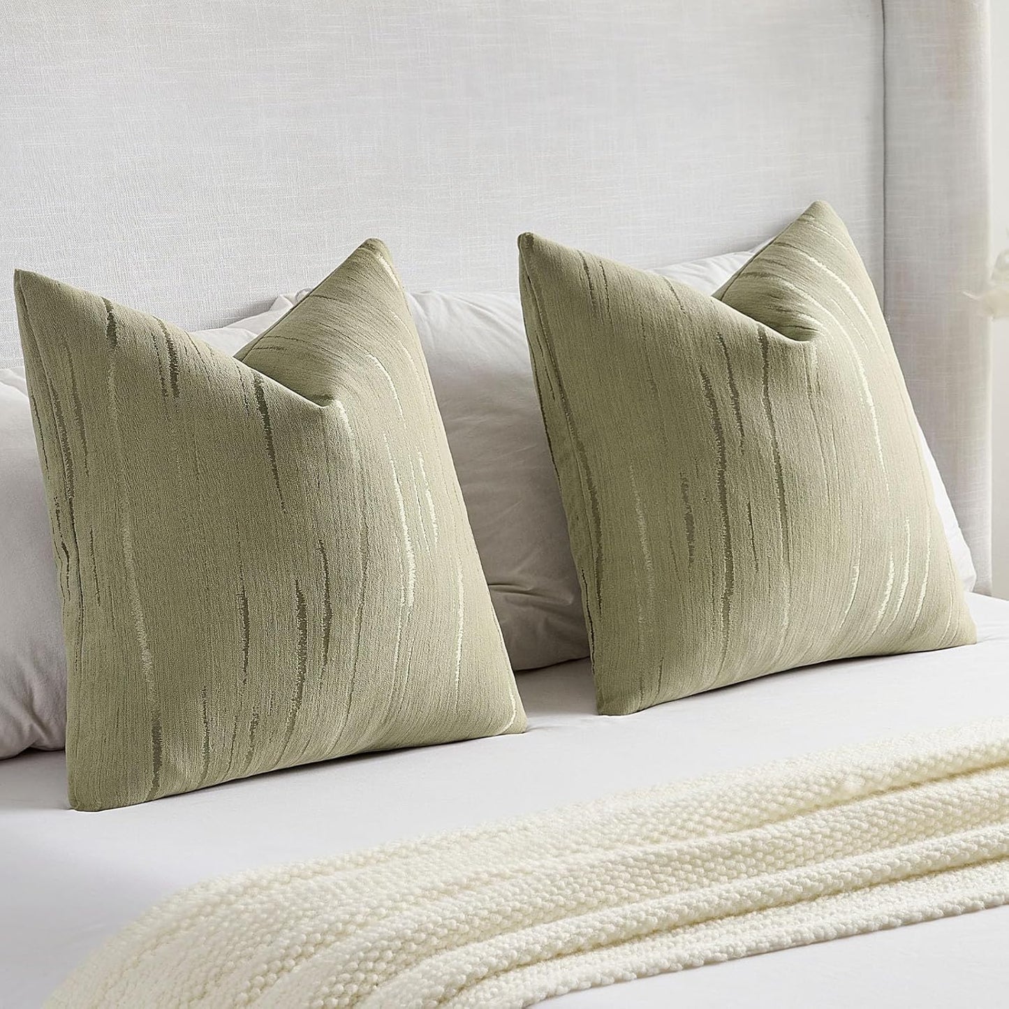 FUTEI Olive Green Chenille Decorative Throw Pillow Covers 16x16 Inch Set of 2,Soft Embossed Striped Textured Cushion Case,Modern Home Decor for Couch Bed Living Room