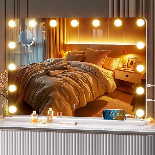32''X22'' Hollywood Vanity Mirror with Lights, Rounded Rectangle White Frame, 3 Color Lighting Modes & Stepless Dimming, USB & Type-C Charging Port, Wall Mounted Or Tabletop