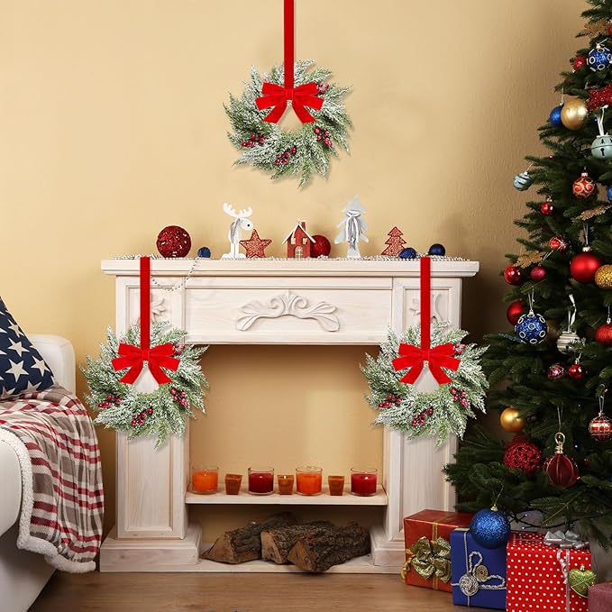 18 Pcs Small Christmas Norfolk Wreaths 15 Inch Christmas Kitchen Cabinet Mini Wreath Real Touch with Bow Ribbon Cedar Red Berry for Xmas Front Door Window Chair Fireplace Table Pillar Farmhouse Decor