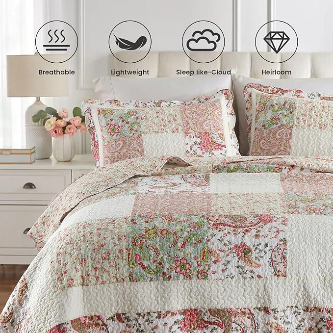 Secgo Queen Comforter Set for Bed - 100% Cotton Quilts Queen Size, Black Bedspreads (90 * 98 Inch) with 2 Pillow Shams, Patchwork Reversible Lightweight Bedding