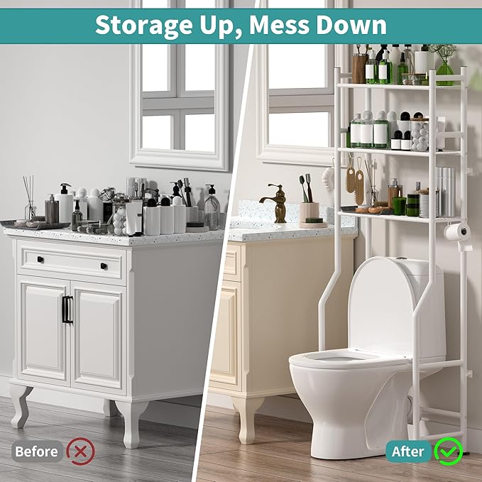 3-Tier Over The Toilet Storage with Paper Holder, Metal Bathroom Organizers and Storage for Small Space, Freestanding Bathroom Shelves with 4 Hooks, Above The Toilet Storage Shelf, Black