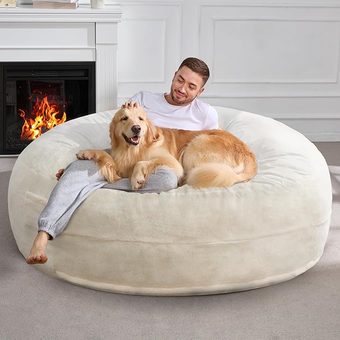 Hobestluk 6ft Bean Bag Chairs for Adults Large Beanbag Chair with Plush Faux Fur Cover Big Bean Bag Chair for Living Room Bedroom Dorm Office - White (70" x 70" x 15")