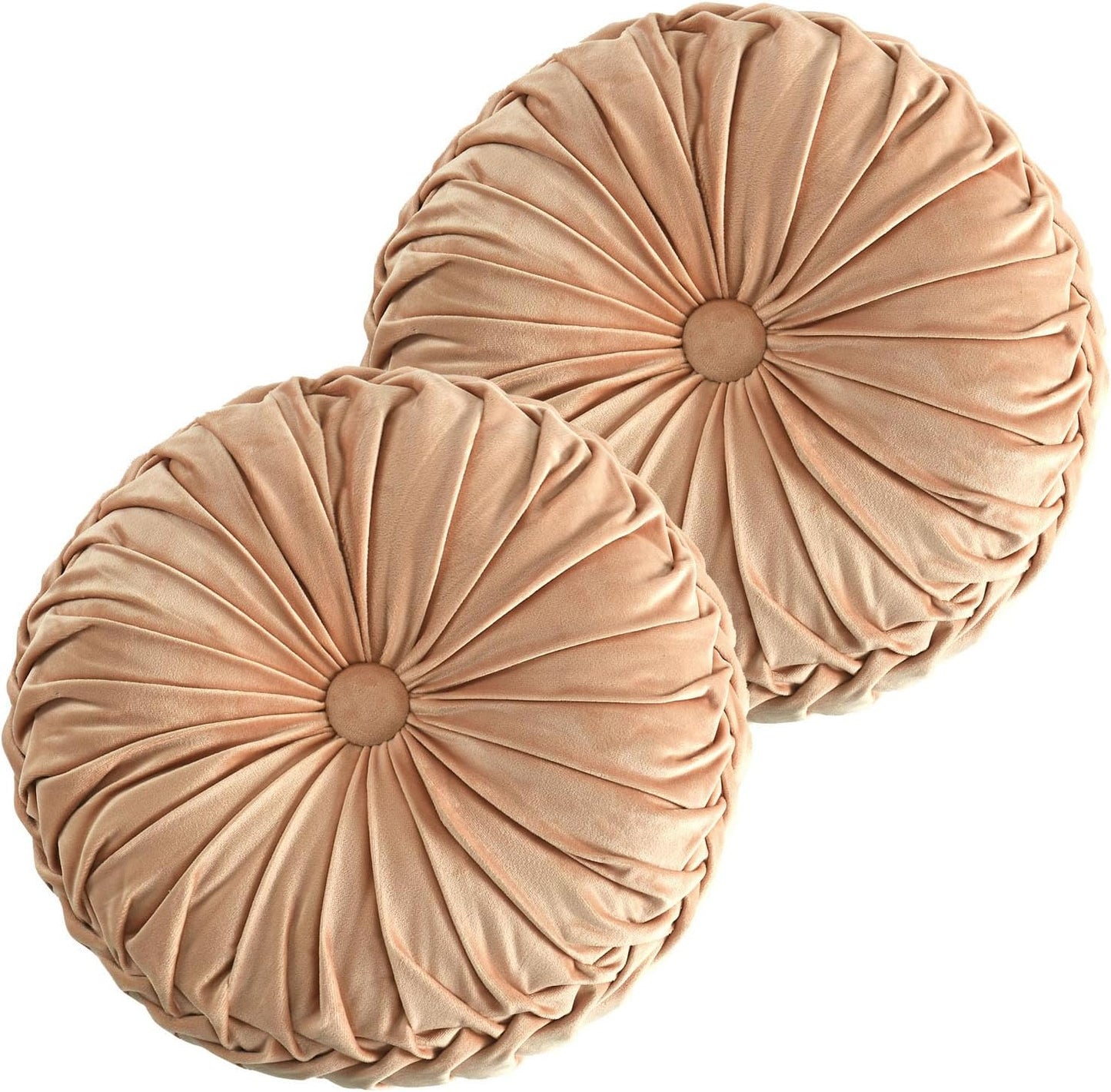 HIG Set of 2 Decorative Round Pleated Throw Pillows,Classy Accent Pumpkin Throw Pillows with Center Button,Vintage Velvet Floor Pillows for Sofa Vanity Chair Bed,Blush,16" Diameter(Ripple)