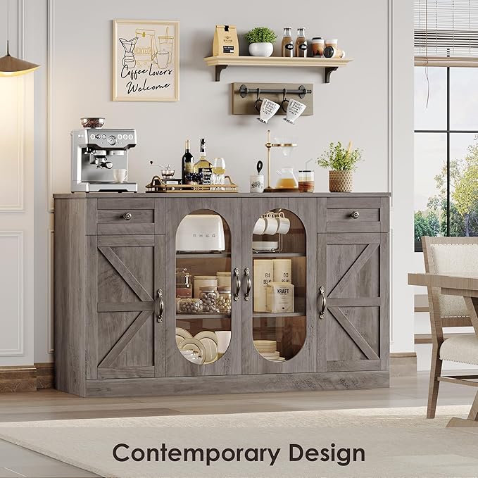 Keyluv Buffet Cabinet 55" Large Storage Coffee Bar with Drawer and Shelves, 3 Spacious Shelves Behind Glass Doors Sideboard Cabinet, Farmhouse Furniture for Kitchen/Dining/Living Room, Washed Brown