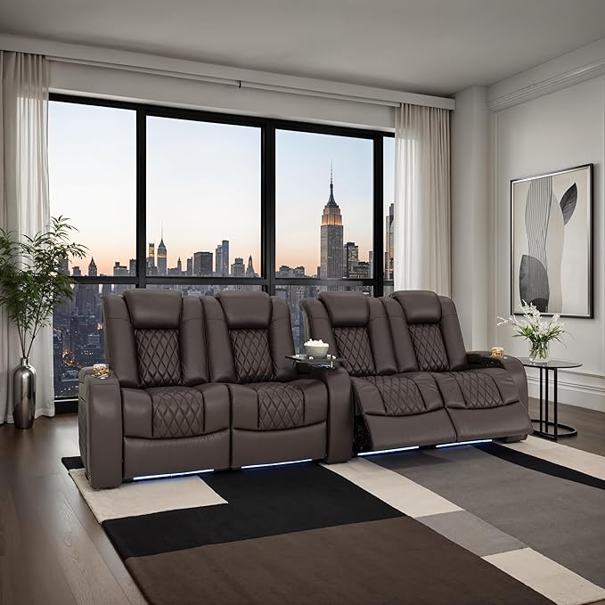 Seatcraft Diamante Zero-Gravity CoolZero Italian Leather Home Theater Seating, Power Headrest, Power Recline, Row of 4 Dual Loveseats, Brown