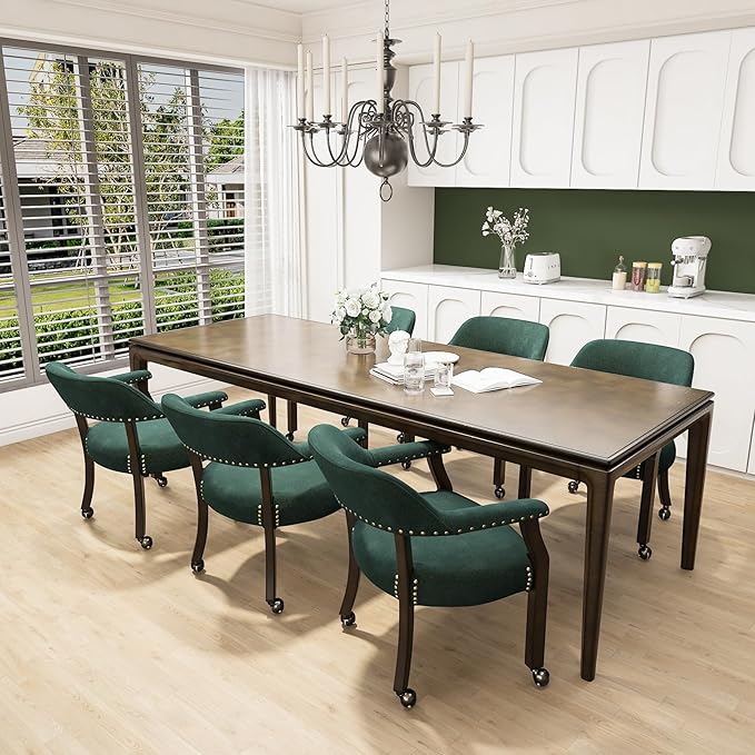 MODERION Dinning Chairs with Wheels and Arms Set of 8, Solid Wood Office Desk Chairs with Frosted Velvet Upholstered, Classic Swivel Accent Chairs, 31.5" H Boss Caption's Chair, Sea Green XXY-HT22-SG