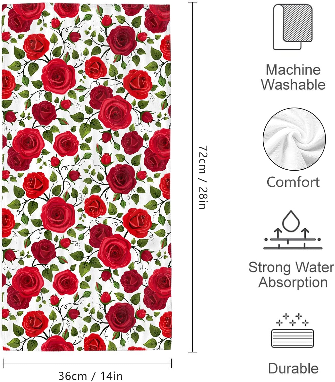 Red Rose Bath Hand Towels Decorative Set of 2, Soft Absorbent Flower Hand Towels for Bathroom Gym Hotel Spa Home Decor 14x28 Inch Bathroom Decorative Towels