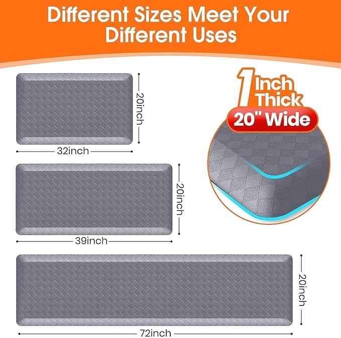 StepRite 1” Thick Kitchen Mats for Floor, Anti Fatigue Kitchen Rugs, Non-Slip,Heavy Duty Waterproof Kitchen Rug, Standing Desk Mat for Home, Kitchen, Office(Grey)