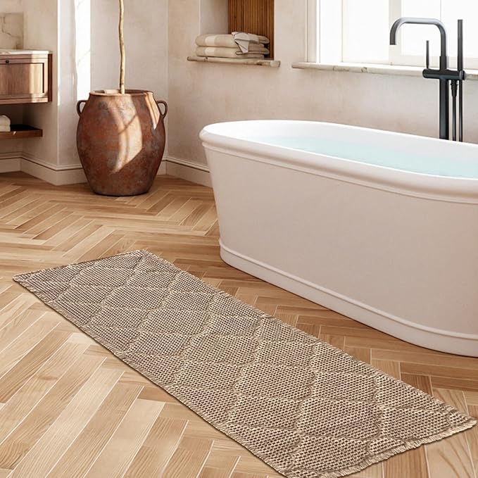 ZALL Tan Waffle Bath Mat,Super Absorbent Non Slip Bathroom Rug,Brown 24X72 inch, Geometric Diamond Machine Washable Ultra Soft Floor Mats