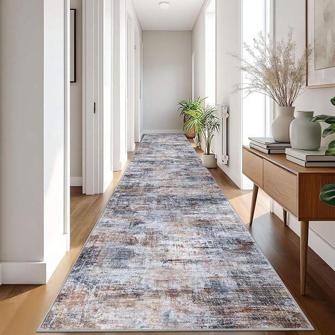 IOHOUZE Abstract Runner Rug 3x18 Ft Washable Runners for Hallways, Non Slip Kitchen Runner Printed Faux Wool Entryway Runner Indoor, Modern Abstract Floor Carpet for Hall Stair, Orange Grey