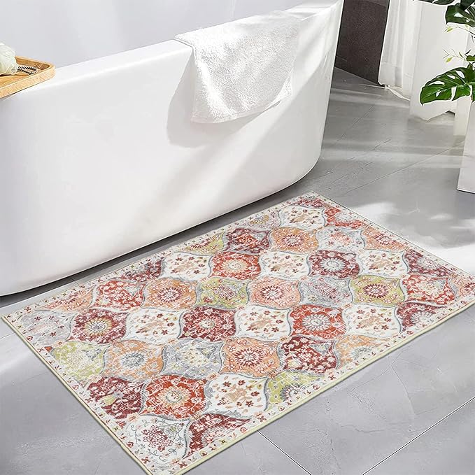 Lahome Moroccan Trellis Washable Orange Rug, 2x3 Entryway Rugs for Kitchen Bathroom, Non-Slip Indoor Door Mat Ultra-Thin, Small Throw Carpet for Bedroom Entry, Orange/Terracotta