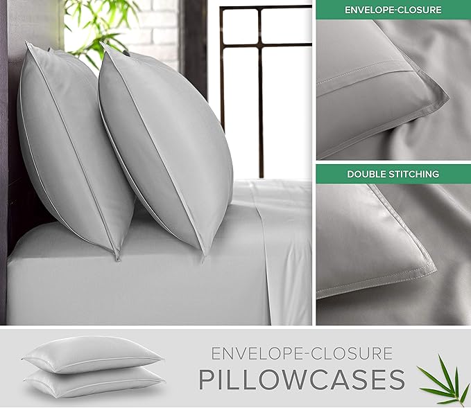 Split King Sheets by Pure Bamboo, Genuine 100% Organic Viscose Derived from Bamboo Bed Sheet Set, Soft & Cooling, Double Stitching *Not for Split Top (Split King, Silver Pearl)