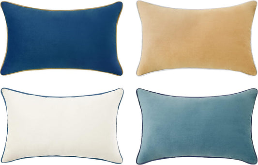 MONDAY MOOSE Decorative Throw Pillow Covers Cushion Cases, Set of 4 Soft Velvet Modern Double-Sided Designs, Mix and Match for Home Decor, Pillow Inserts Not Included (12x20 inch, Blue/Beige)