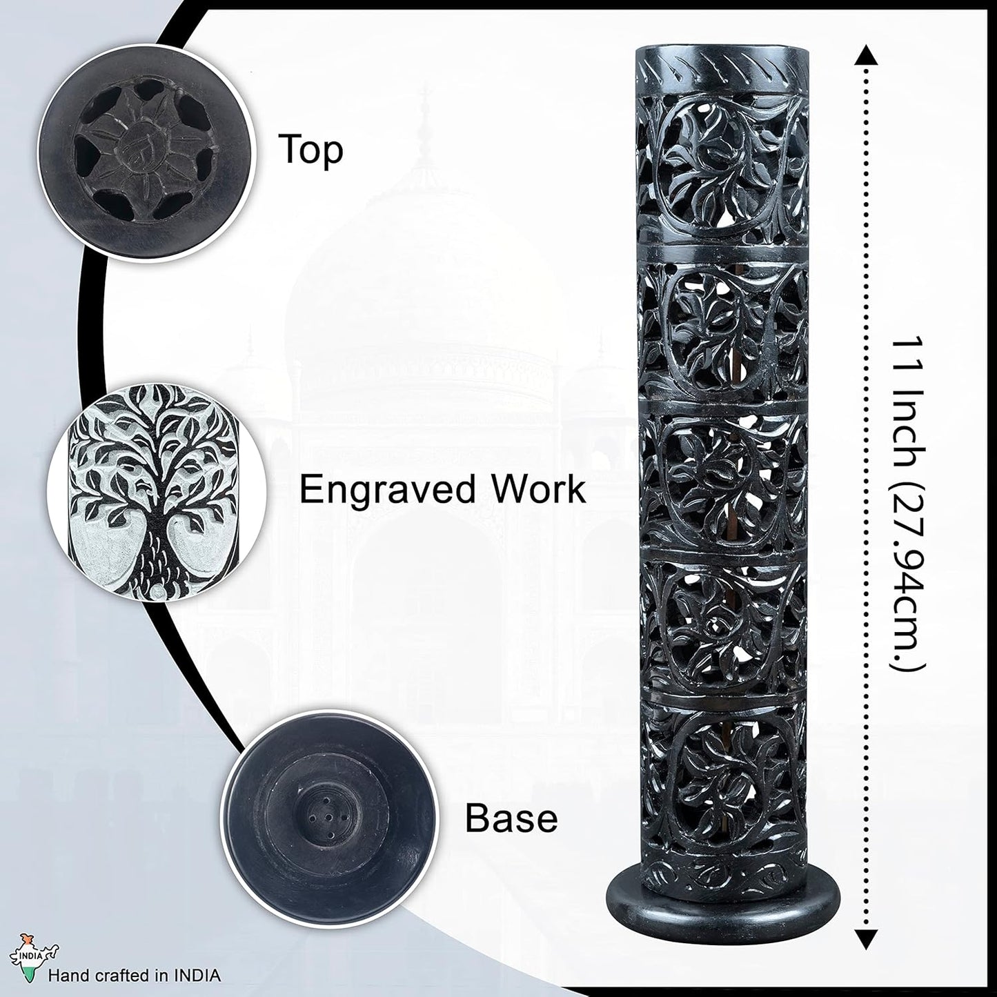 Crocon Handmade Black Marble Soapstone Incense Stick Burner Round Shape Elephant Tower Burner | Incense Cone & Candle Stick Holder | Decorative Home & Kitchen | Living Room Decor | Best Gift Set