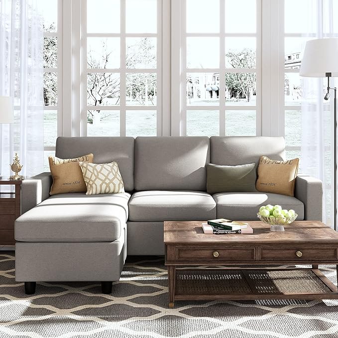 HONBAY Convertible Sectional Sofa, L Shaped Couch with Linen Fabric, Reversible Couch for Small Space, Light Grey