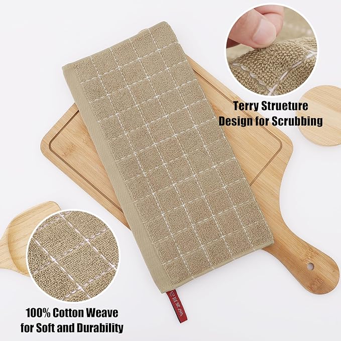 Homaxy 100% Cotton Terry Kitchen Dish Cloths, Ultra Soft and Absorbent Dish Towels for Kitchen, Perfect for Drying and Washing Dishes, 12 Pack, 12 x 12 Inches, Tan
