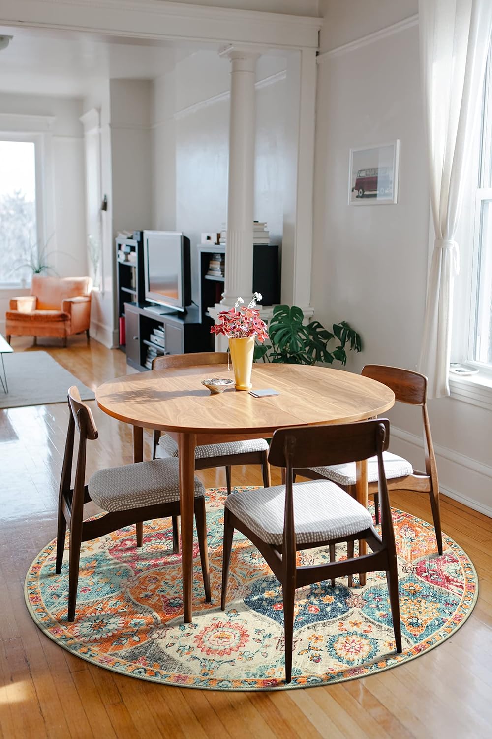 Lahome Moroccan Trellis Washable Round Rugs, Non-Slip Soft Round Rug 4ft Ultra-Thin, Small Vintage Circle Carpet for Entryway Kitchen Bedroom Nursery Bathroom, Cream/Multi