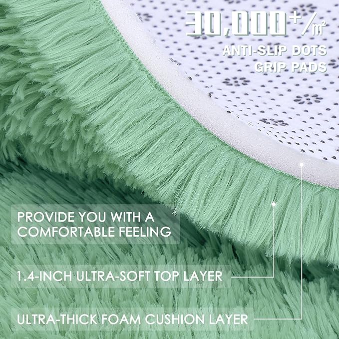 OLANLY Mint Green Round Rugs for Bedroom - Machine Washable, 2 ft Circle Area Rugs for Living Room, Soft and Fluffy Shaggy Carpet for Teen Girls and Boys, Nursery Rooms, Dorms, Home Decor Aesthetic