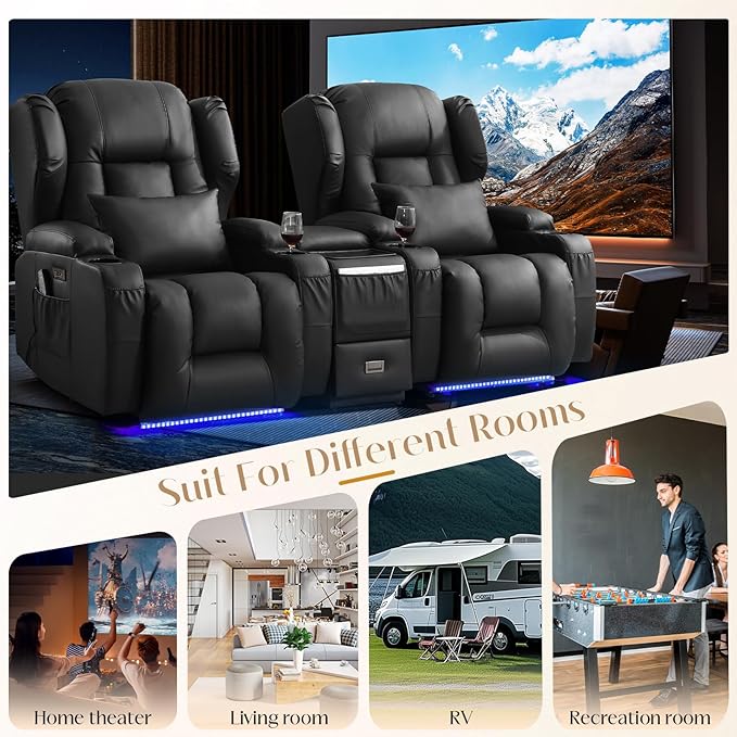 Wall Hugger Power Recliner Chair, Home Theater Seating Electric Recliing Sofa with Massage & Heat, Cup Holder, USB Port, LED Ambient Light, Storage for Living Room (Black, Chair + Console)