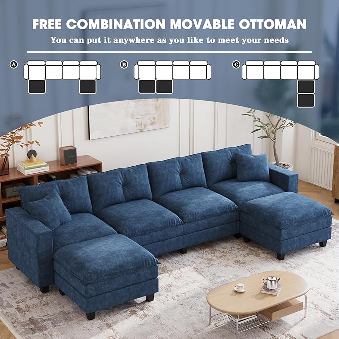 137",U Shaped Couch,Modern Modular Sectional Sofa, 4-Seater Comfy Cloud Couch with Two Movable Ottoman & Throw Pillows for Living Room, Bedroom and Apartment, Dark Blue