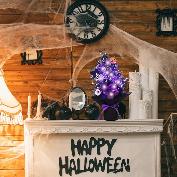 18 Inch Halloween Table Tree, LED Lighted Artificial Tree with Pumpkin,Spider, Black Berries,Halloween Centerpiece for Table, Holiday Party Home Decor