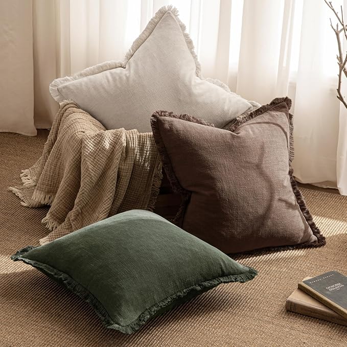 MIULEE Decorative Throw Pillow Covers Neutral Linen Fringe Throw Pillows Set of 2 Rifle Green Boho Farmhouse Cushion Covers with Tassels for Couch Sofa Bed Living Room Spring Home Decor 18x18 Inch