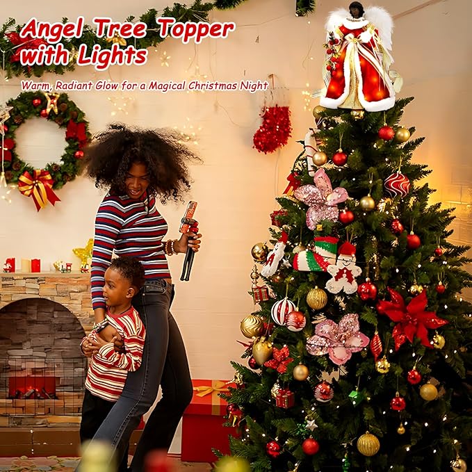 Angel Christmas Tree Topper with Lights, Lighted Tree Toppers Christmas Decorations, Elegant and Durable, Perfect for Holiday Home Decor and Gifts, Red, WOKEISE