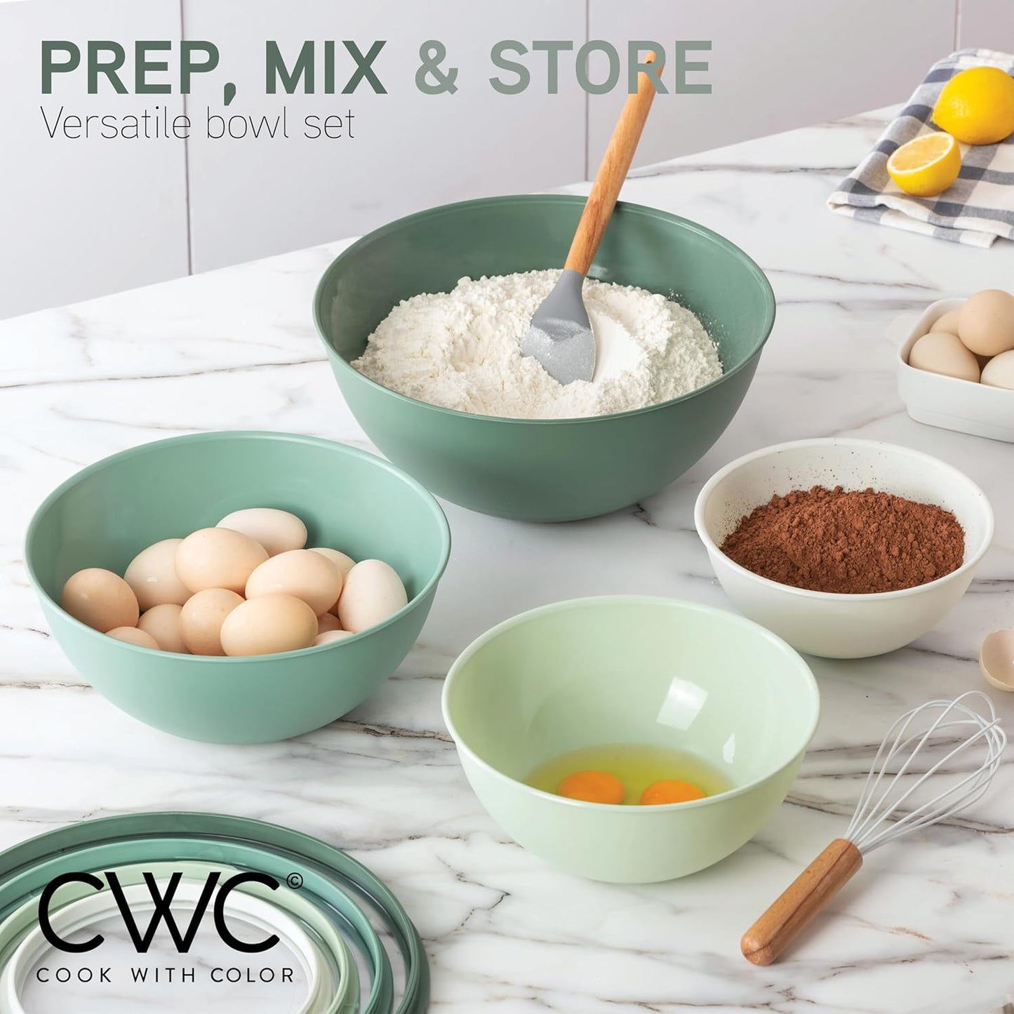 COOK WITH COLOR Mixing Bowls with Non Slip Bottom - 12 Piece Plastic Nesting Bowls Set includes 6 Prep Bowls and 6 Tritan Lids - Microwave Safe (Sage)