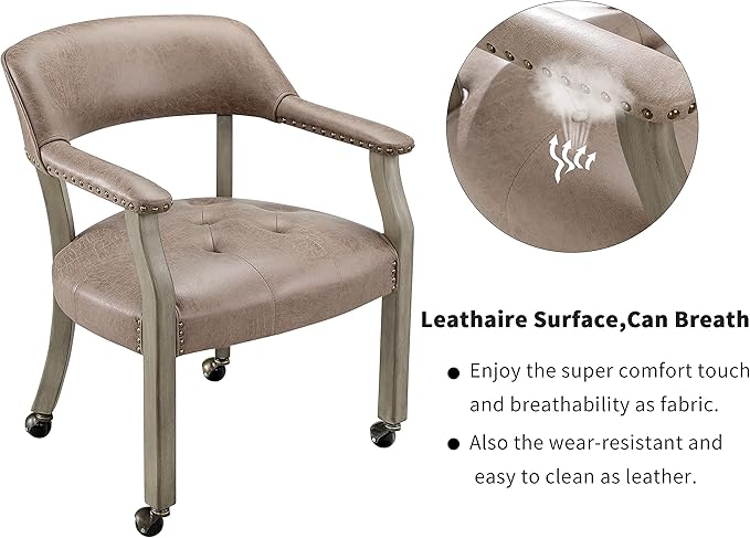 MODERION Modern Brown Solid Wood Boss Caption's Dining Chairs with Wheels and Arms, Office Desk Chairs, Classic Swivel Accent Chairs, 31.5H for Living Room