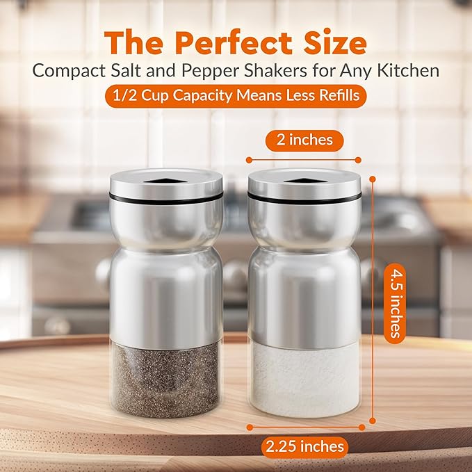 HOME EC Original Salt and Pepper Shakers Set with Adjustable Pour Holes - Glass and Stainless Steel Salt Shaker and Pepper Shaker - Farmhouse Spice dispenser for salts, ground peppercorn and spices
