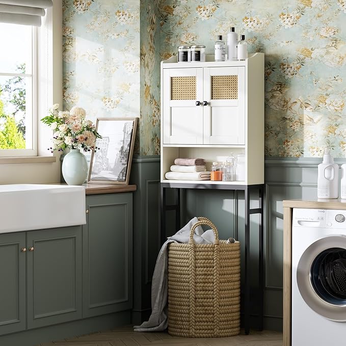 Over The Toilet Storage Cabinet, Bathroom Organizer Over Toilet Storage with Rattan Doors and Soft Hinges Above Toilet Bathroom Storage Over-The-Toilet Storage (Cream White)