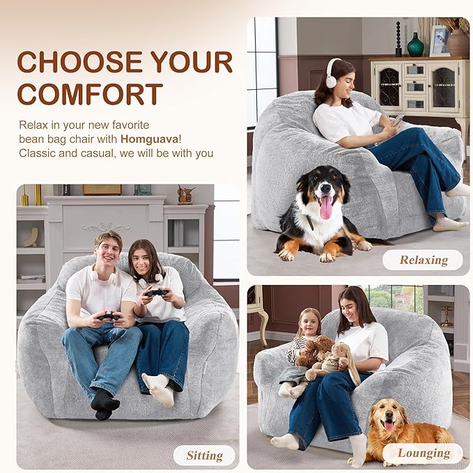 Homguava Beanbag Chair Bean Bag Chairs for Adults Bean Bags Giant Bean Bag Sofa with Spacious Cushion Bean Bag Couch with Armrest Large Bean Bag Chair with Filler for Living Room Bedroom (Light Grey)