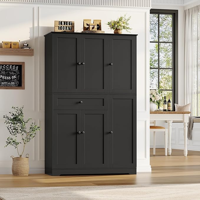 HOSTACK 68" Tall Kitchen Pantry Storage Cabinet, Modern Kitchen Hutch Cabinet with Doors and Shelves, Freestanding Food Pantry with Large Storage Drawer for Dining Room, Living Room, Black