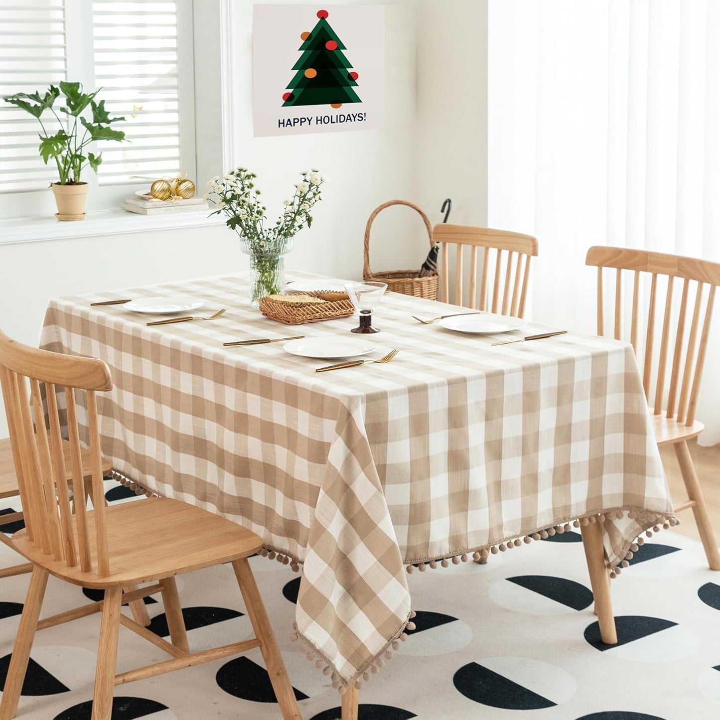 Jubilantex Farmhouse Pompom Checkered Rectangle Linen Tablecloth Buffalo Plaid Table Cover with Tassel for Kitchen Restaurant Home Decor, 60 x 120 inch Oblong Table Cover, Beige and White