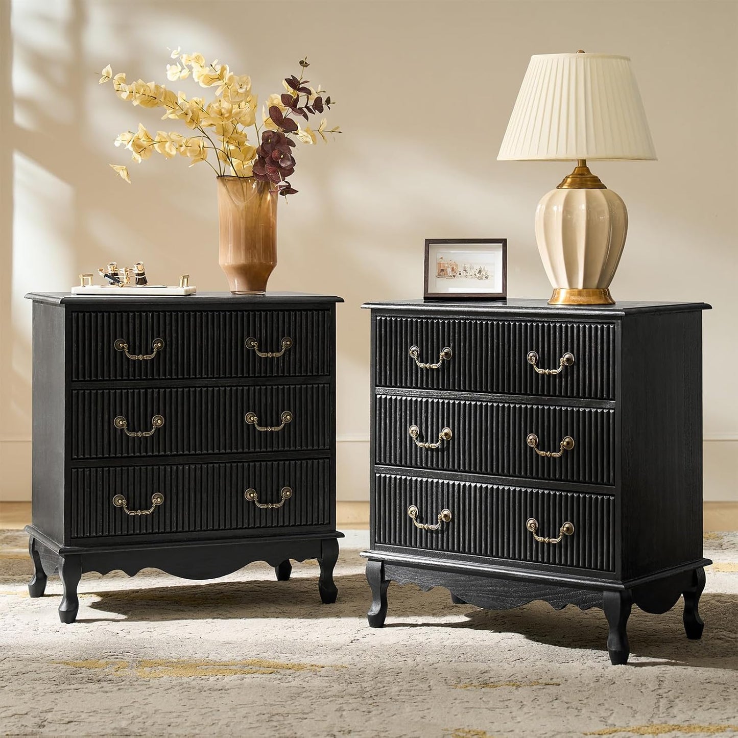 HULALA HOME Transitional Nightstand Set of 2 with 3 Drawers and Charging Station, 28" Solid Paulownia Wood Nightstand with Fluted Front Design, Charcoal
