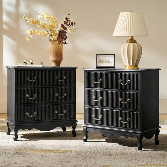 HULALA HOME Transitional Nightstand Set of 2 with 3 Drawers and Charging Station, 28" Solid Paulownia Wood Nightstand with Fluted Front Design, Charcoal