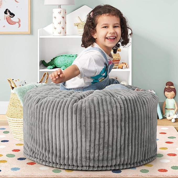 Hobestluk Bean Bag Chairs 2.5FT Bean Bag Chair with Memory Foam Filled & Stripe Plush Cover Bean Bag Chairs for Playroom, Living Room, Bedroom(Grey)