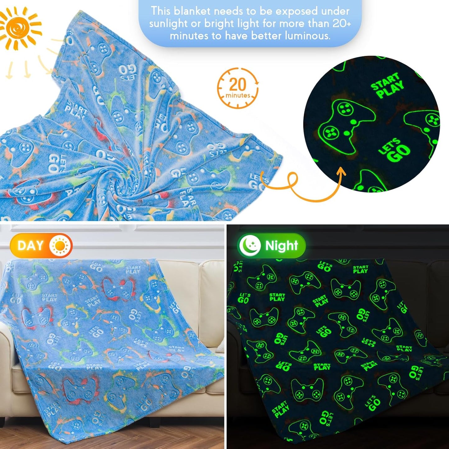 Jekeno Gaming Gamer Gifts Toys for Kids Boys Glow in The Dark Blanket Video Game Controller Gamepad Throw for Teen Girls Toddlers Teenage Son Boyfriend Adults Birthday 50"x60"