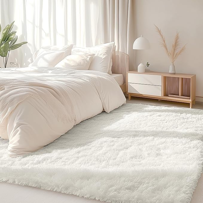 OLANLY 5x7 Machine Washable Large Area Rugs for Living Room, Bedroom, Soft Fluffy Shaggy Bedside Rug, Indoor Floor Carpet for Kids Girls and Boys, Dorms, Nursery, Home Decor Aesthetic, Ivory