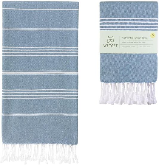 WETCAT Turkish Beach Towel Oversized (38"x71") 100% Turkish Cotton, Made in Turkey - Sand Free, Extra Large, Ultra Soft, Quick Drying, Compact & Lightweight for Travel - Denim Blue
