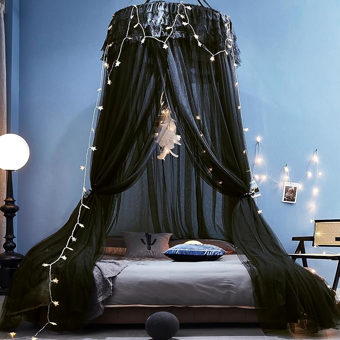 Kertnic Dreamy Bed Canopy for Girls, Princess Canopy Curtains Double Layer Sheer Mesh, Kids & Adults Canopies Netting Room Decor Tent Mosquito Net for Queen King Bed (Double Layer-Black)