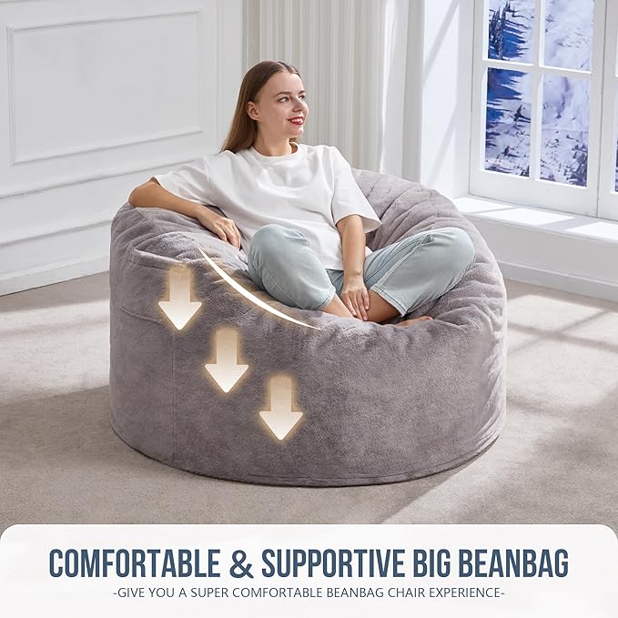 Hobestluk 3ft Bean Bag Chairs for Adults Large Beanbag Chair with Plush Faux Fur Cover Big Bean Bag Chair for Living Room Bedroom Dorm Office - Grey (36” x 36” x 22”)