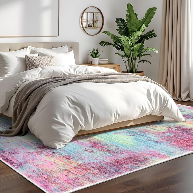 IOHOUZE Abstract Area Rugs 6x9 Ft Washable Rugs for Living Room, Non Slip Dining Room Rug, Printed Faux Wool Rugs for Bedroom, Floor Carpet for Office Nursery Playroom, Pink Teal
