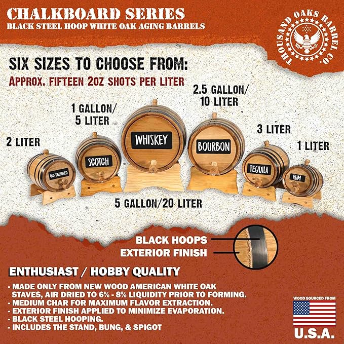 1 Gallon Oak Aging Barrel Dispenser (5 Liter) with Chalkboard Front, Wood Stand, Bung & Spigot - Charred Mini Bourbon Whiskey Barrels For The Home Brewer, Distiller, Wine Maker, Cocktail Aging