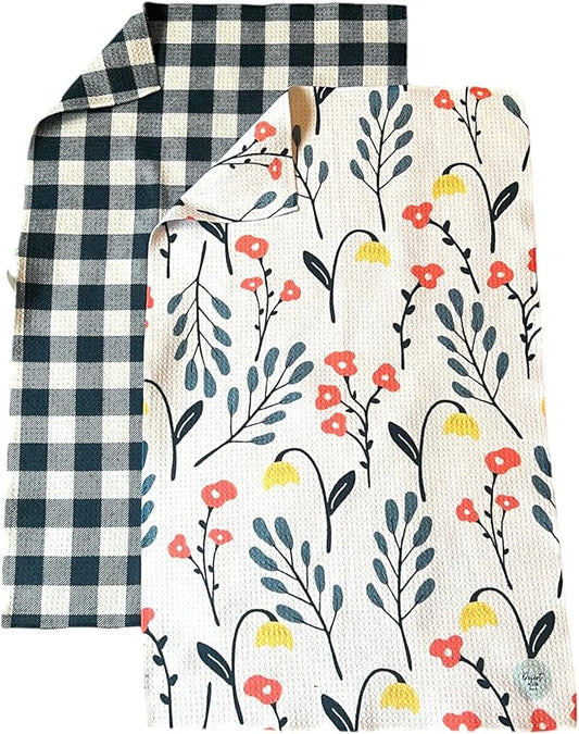 || 2 Pack Double Sided|| Not Your Ordinary Dish Towels || Waffle Weave Microfiber || Tea Towels || Highly Absorbent || Hanging Loop || Dish Cloths || Designer Prints|| Navy